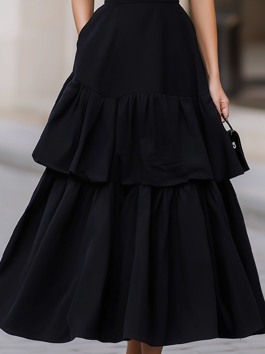 Black High Neck Short Sleeve Tiered Maxi Dress With Pockets