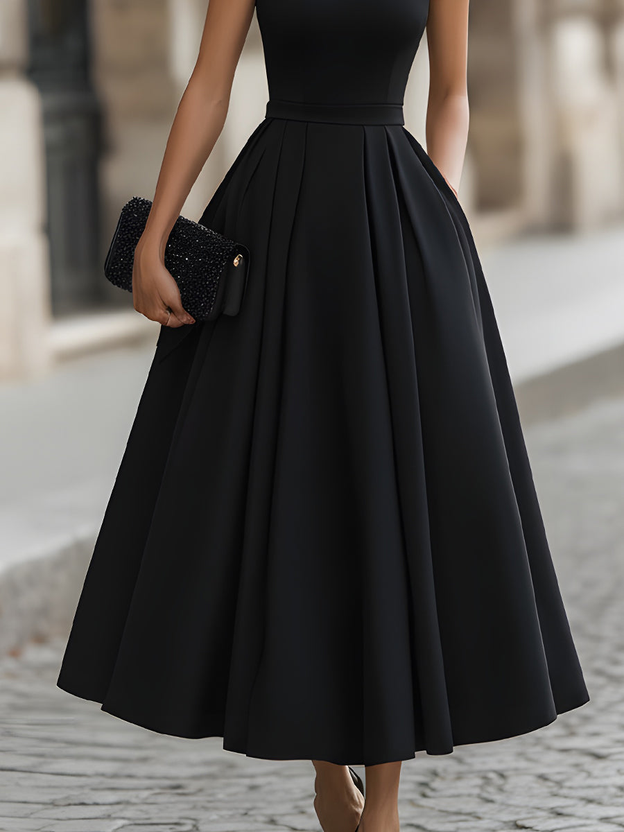 Collared Short Sleeve Pleated A-Line Midi Dress