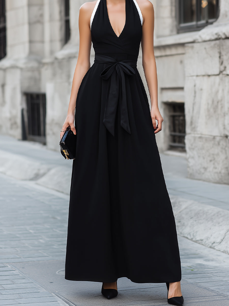 Halter Neck Tie Waist A-Line Maxi Dress