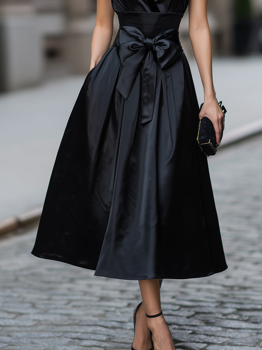 Halter Neck Bow Waist Satin Midi Dress