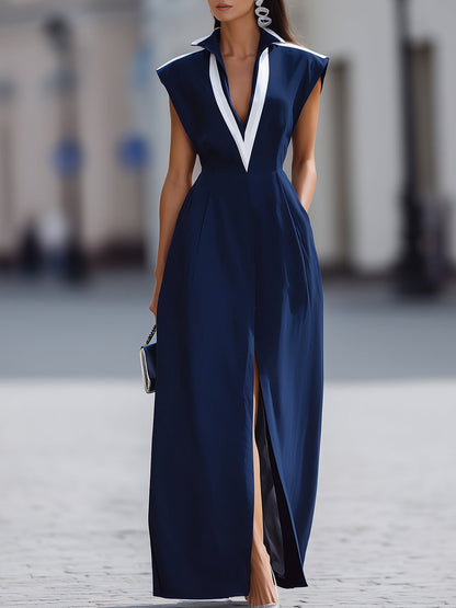 Elegant Sleeveless V-Neck Maxi Dress With White Contrast Trim