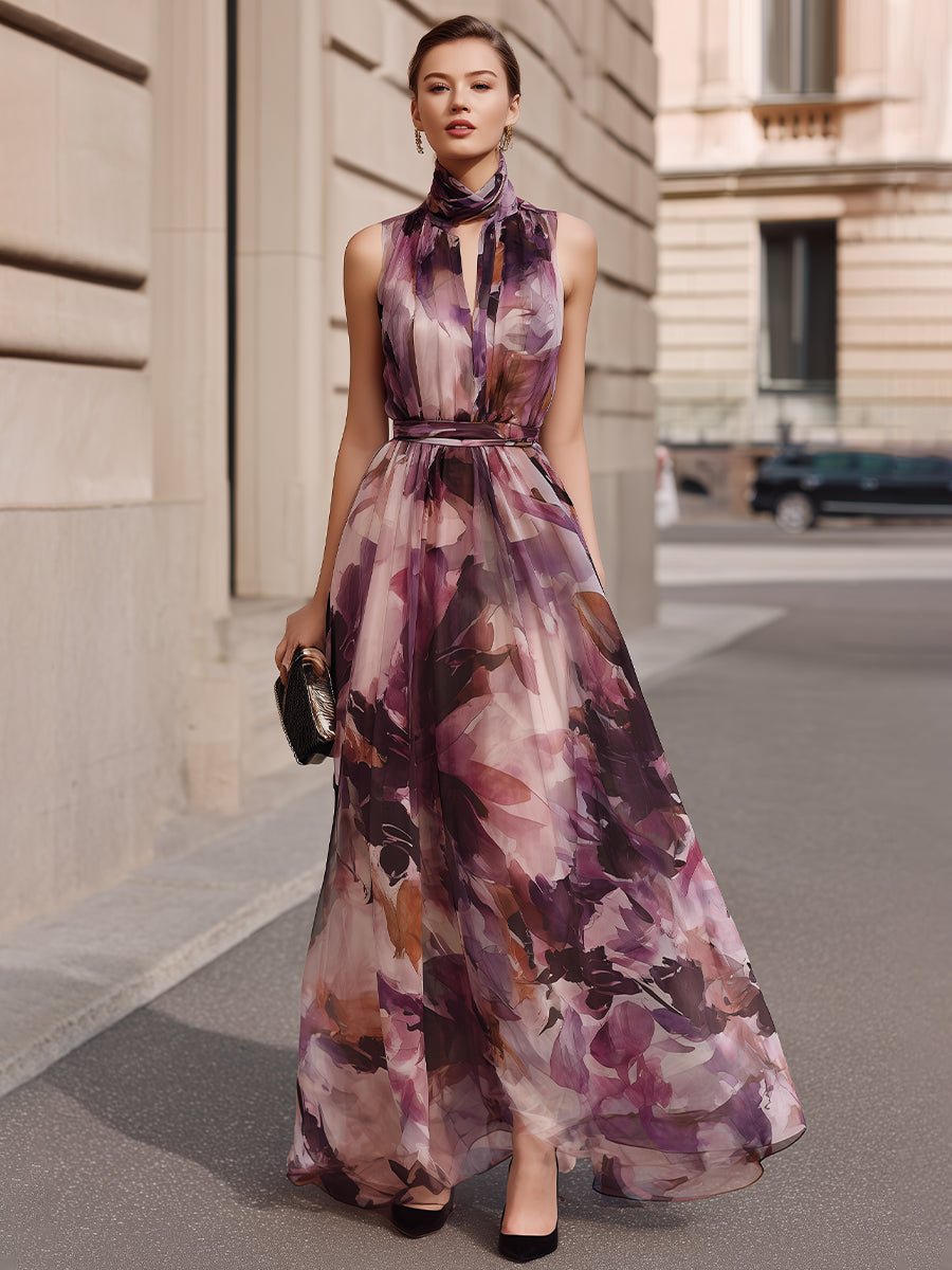 High Neck Tie Detail Floral Maxi Dress