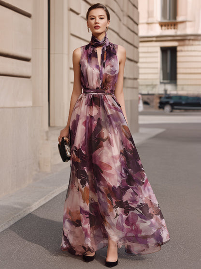 High Neck Tie Detail Floral Maxi Dress