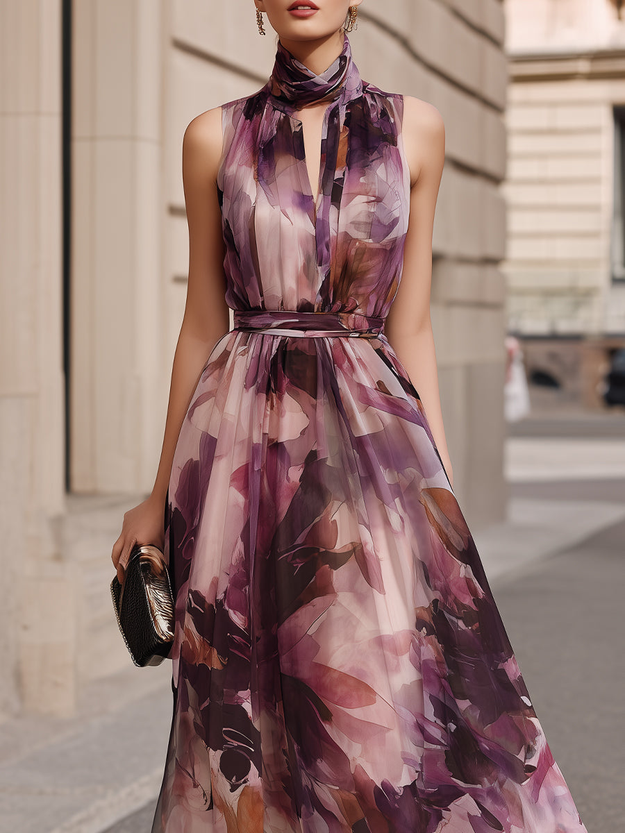 High Neck Tie Detail Floral Maxi Dress