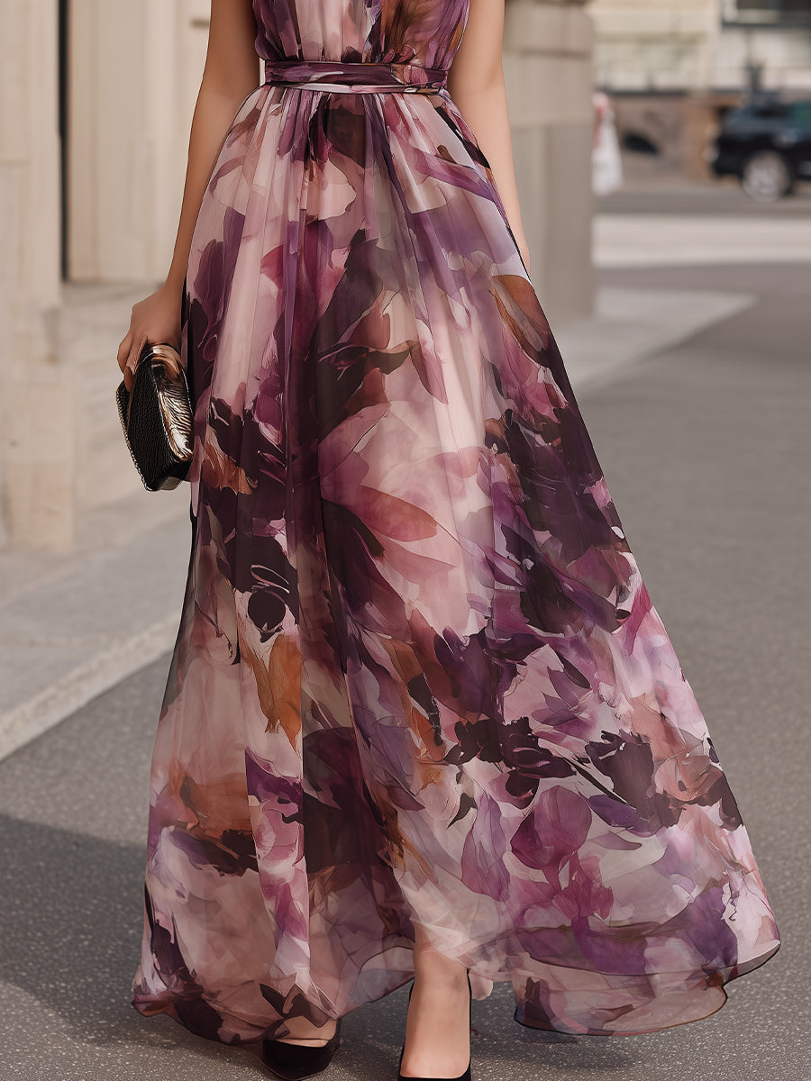 High Neck Tie Detail Floral Maxi Dress