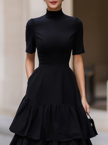 Black High Neck Short Sleeve Tiered Maxi Dress With Pockets