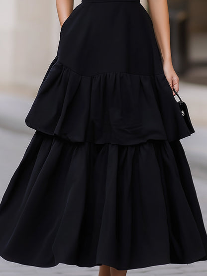 Black High Neck Short Sleeve Tiered Maxi Dress With Pockets