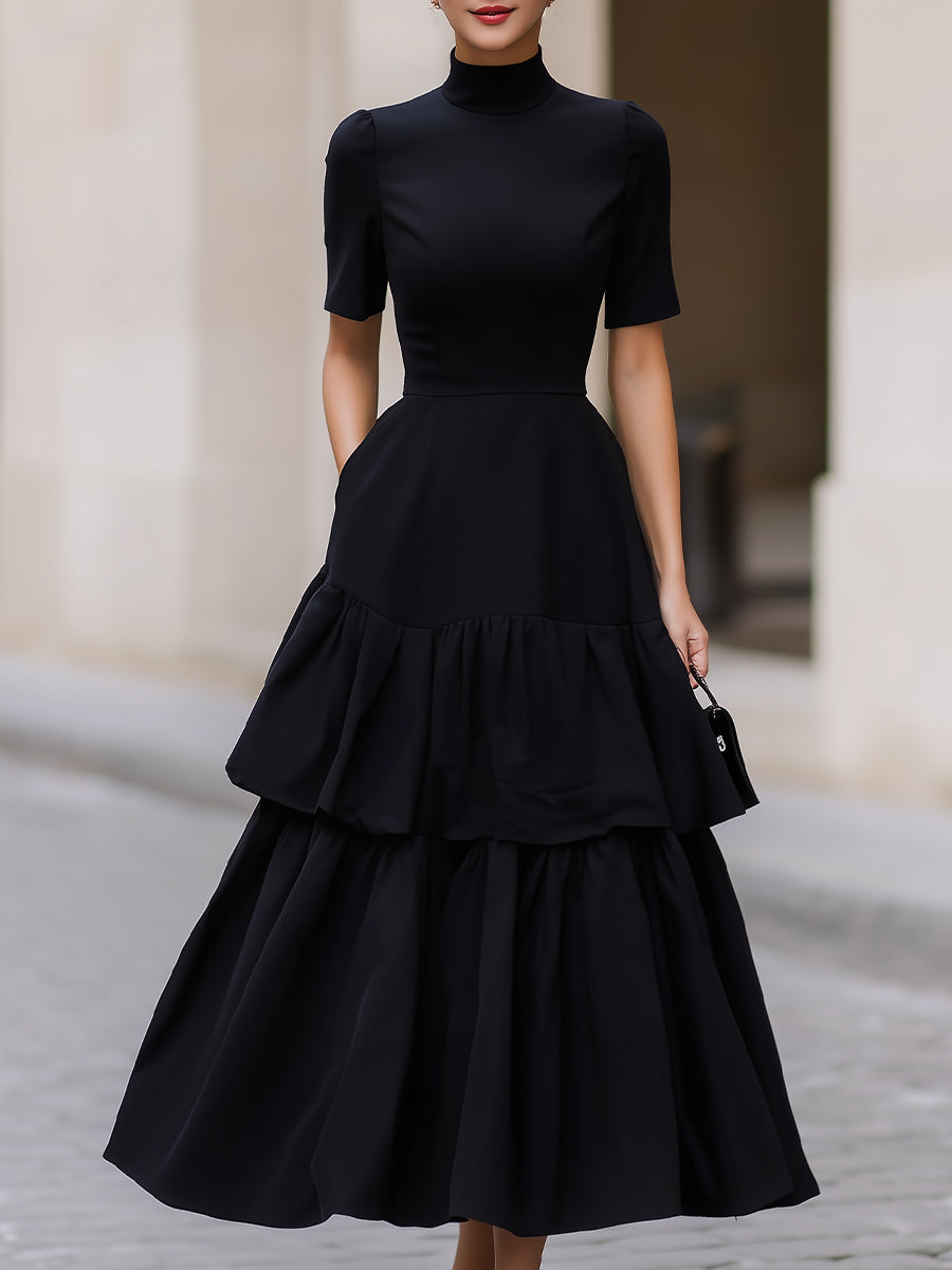 Black High Neck Short Sleeve Tiered Maxi Dress With Pockets