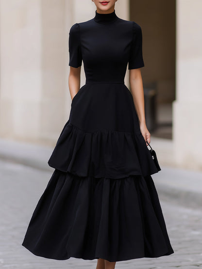 Black High Neck Short Sleeve Tiered Maxi Dress With Pockets