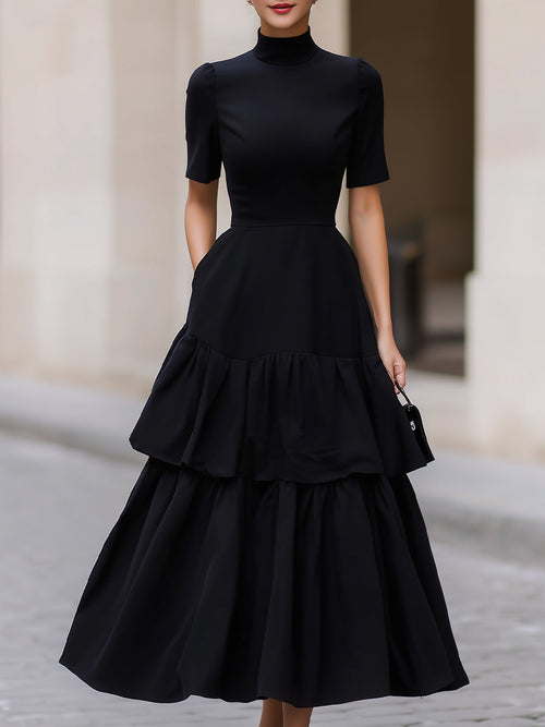 Black High Neck Short Sleeve Tiered Maxi Dress With Pockets