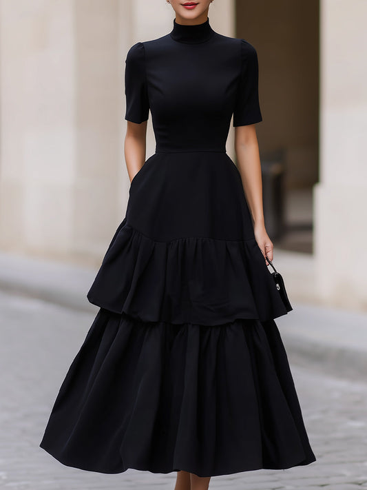Black High Neck Short Sleeve Tiered Maxi Dress With Pockets