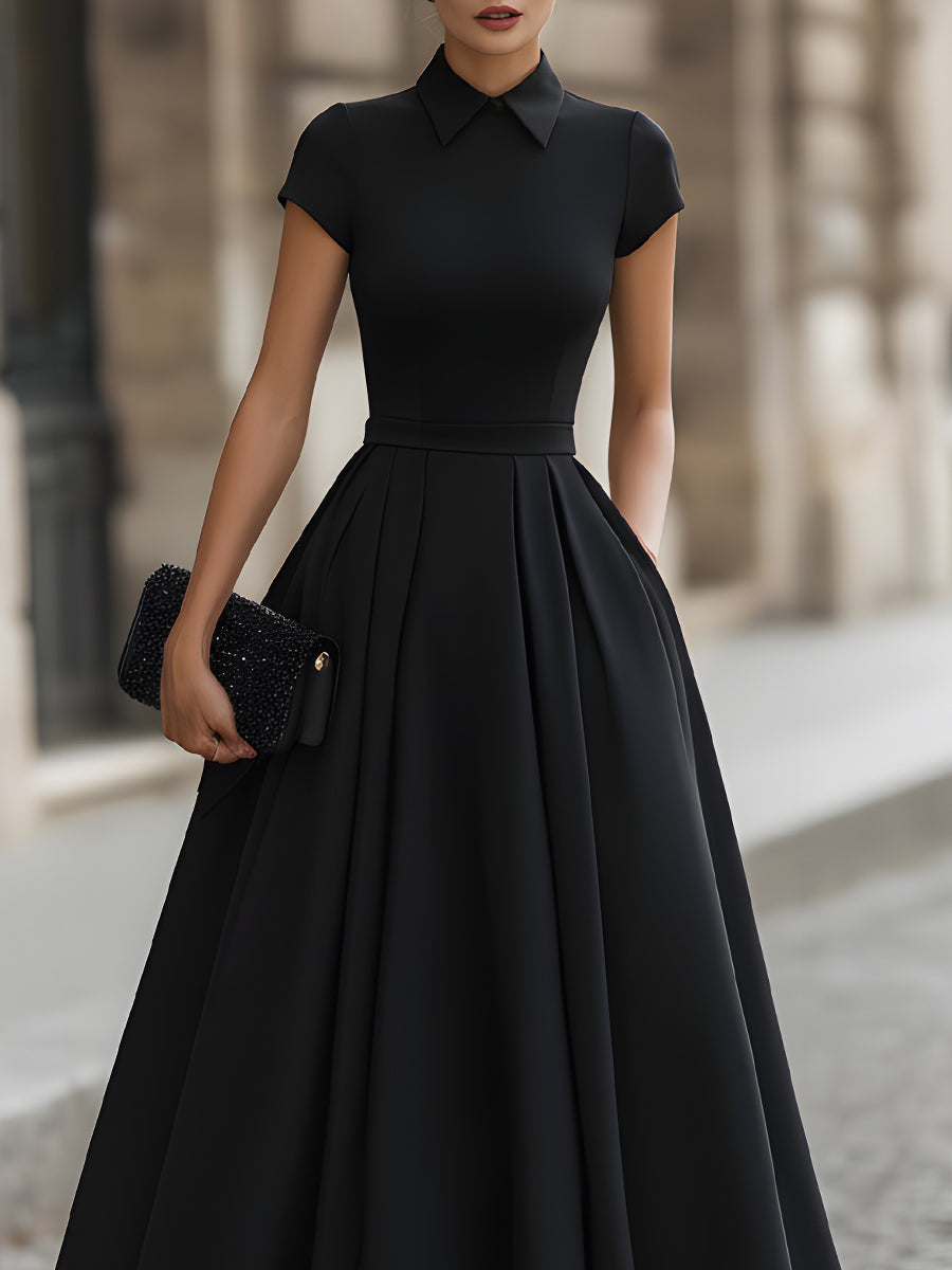 Collared Short Sleeve Pleated A-Line Midi Dress