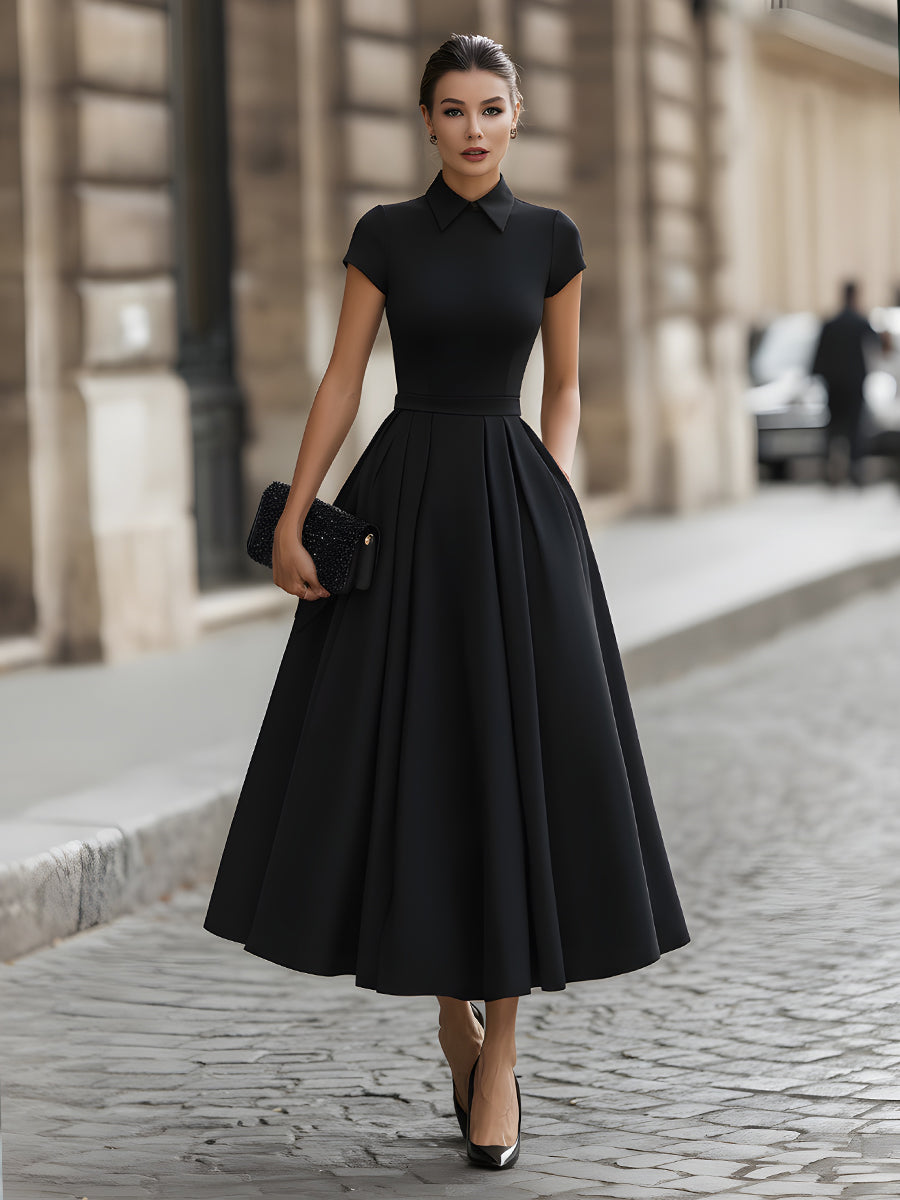 Collared Short Sleeve Pleated A-Line Midi Dress