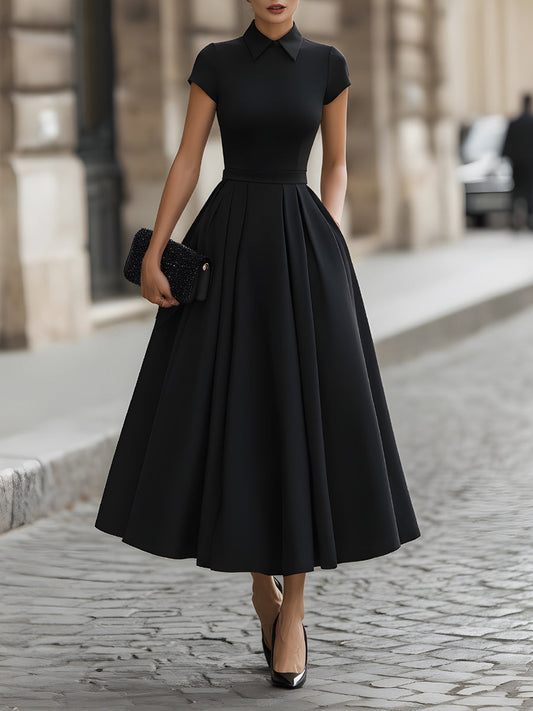 Collared Short Sleeve Pleated A-Line Midi Dress