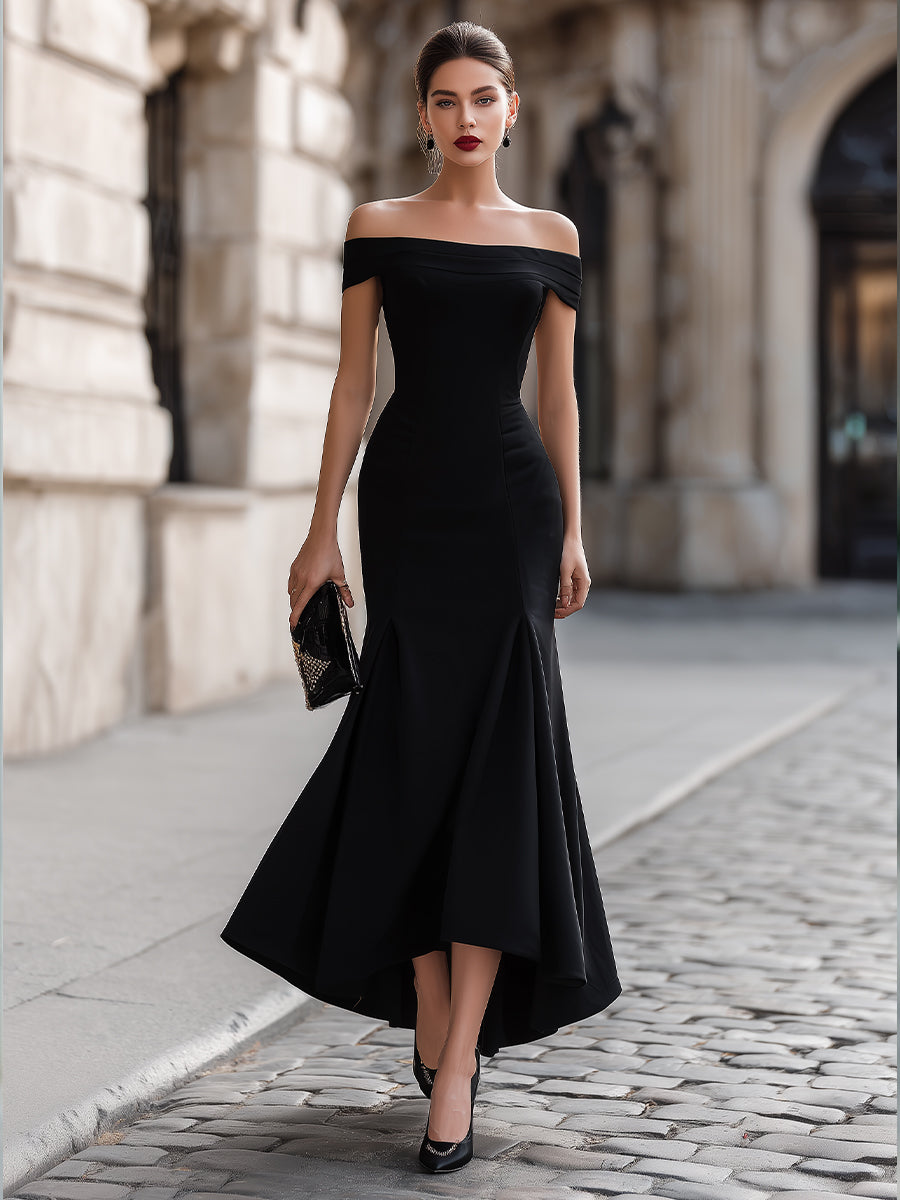 Off-Shoulder Asymmetric Hem Bodycon Midi Dress