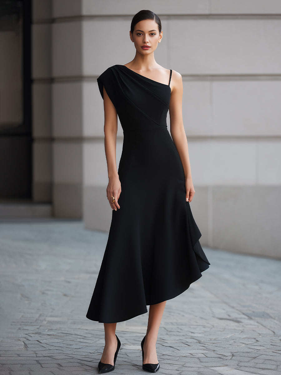 One-Shoulder Asymmetric Flare Maxi Dress