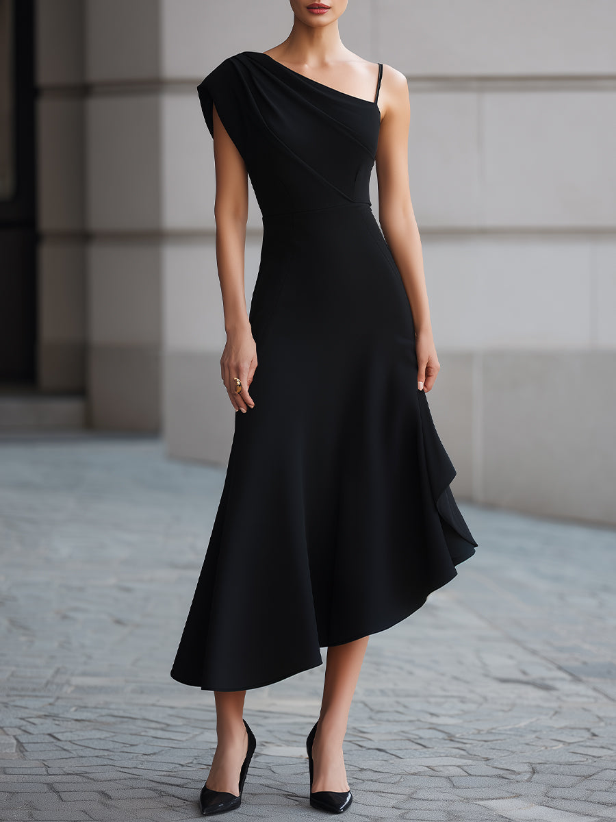 One-Shoulder Asymmetric Flare Maxi Dress