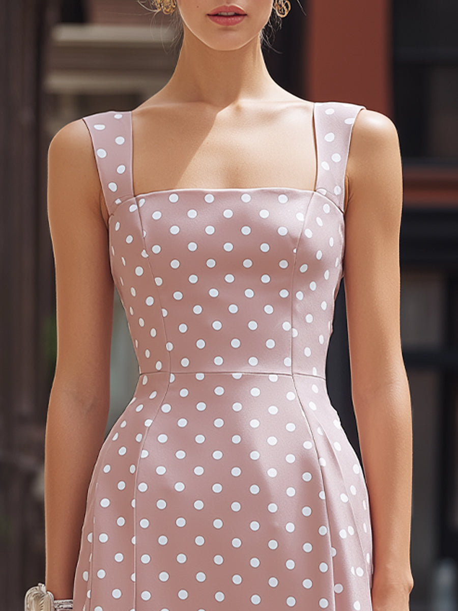 Polka Dot Square Neck Ruffle Hem Maxi Dress