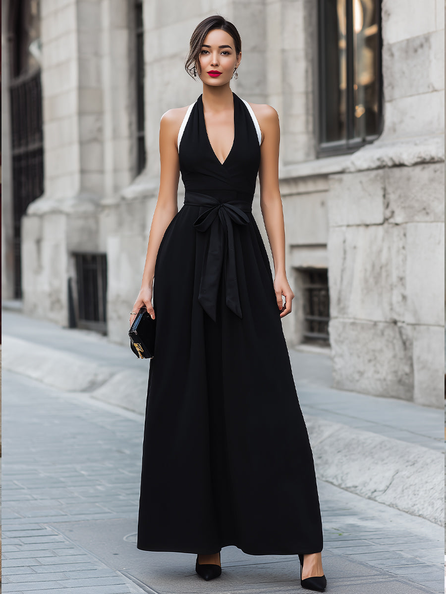 Halter Neck Tie Waist A-Line Maxi Dress