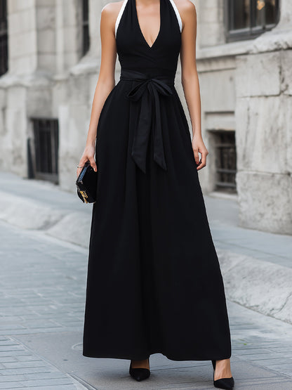 Halter Neck Tie Waist A-Line Maxi Dress