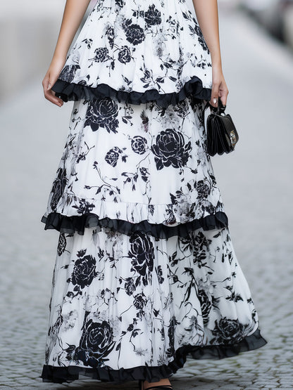 Black & White Floral Tiered Ruffle Maxi Dress