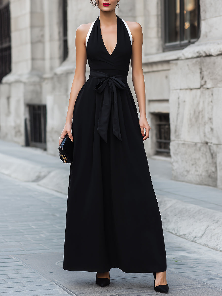 Halter Neck Tie Waist A-Line Maxi Dress in black