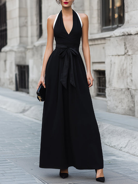 Halter Neck Tie Waist A-Line Maxi Dress in black