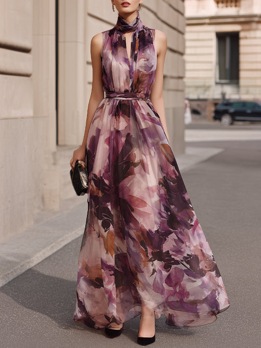 High Neck Tie Detail Floral Maxi Dress in maroon